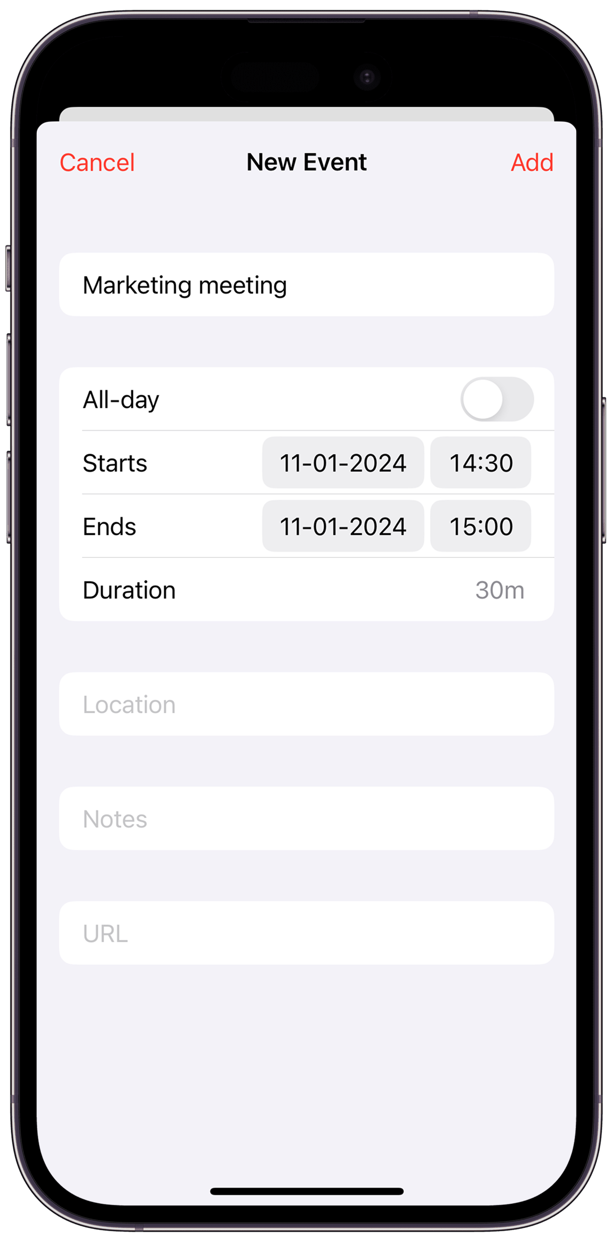 Create a new calendar event with title, dates and details